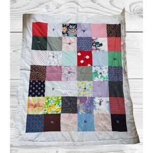 VTG Baby Patchwork Quilt Handmade Granny Folk Art Square Crib Blanket 56"x48"